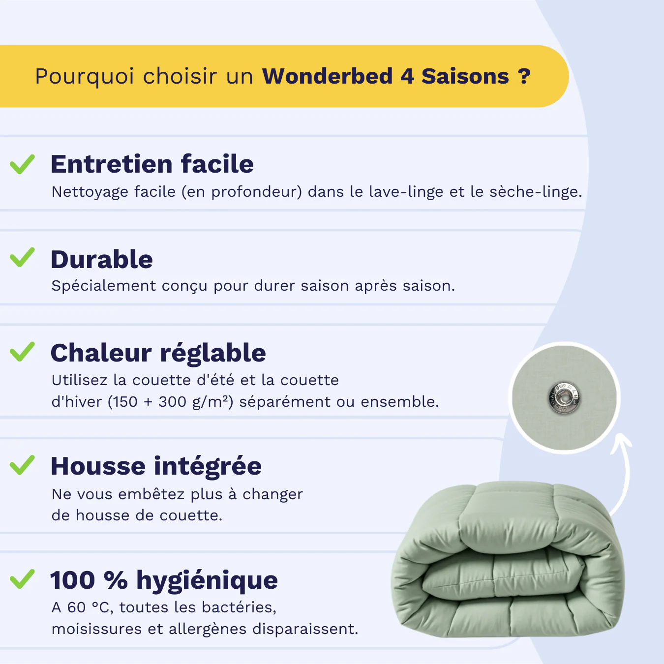 Zelesta Wonderbed 4 Saisons Double Coton - Vert Naturel - Image 3